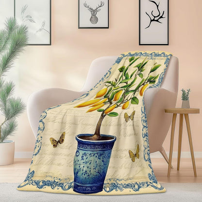 Blanket Printed Fleece Throw Vintage Plants Lemon Butterfly Cozy Fluffy Comfy for All Seasons, Full 50" x 60" Soft Warm Lightweight Flannel Plush Throws for Sofa Couch and Bed, Mustard Yellow