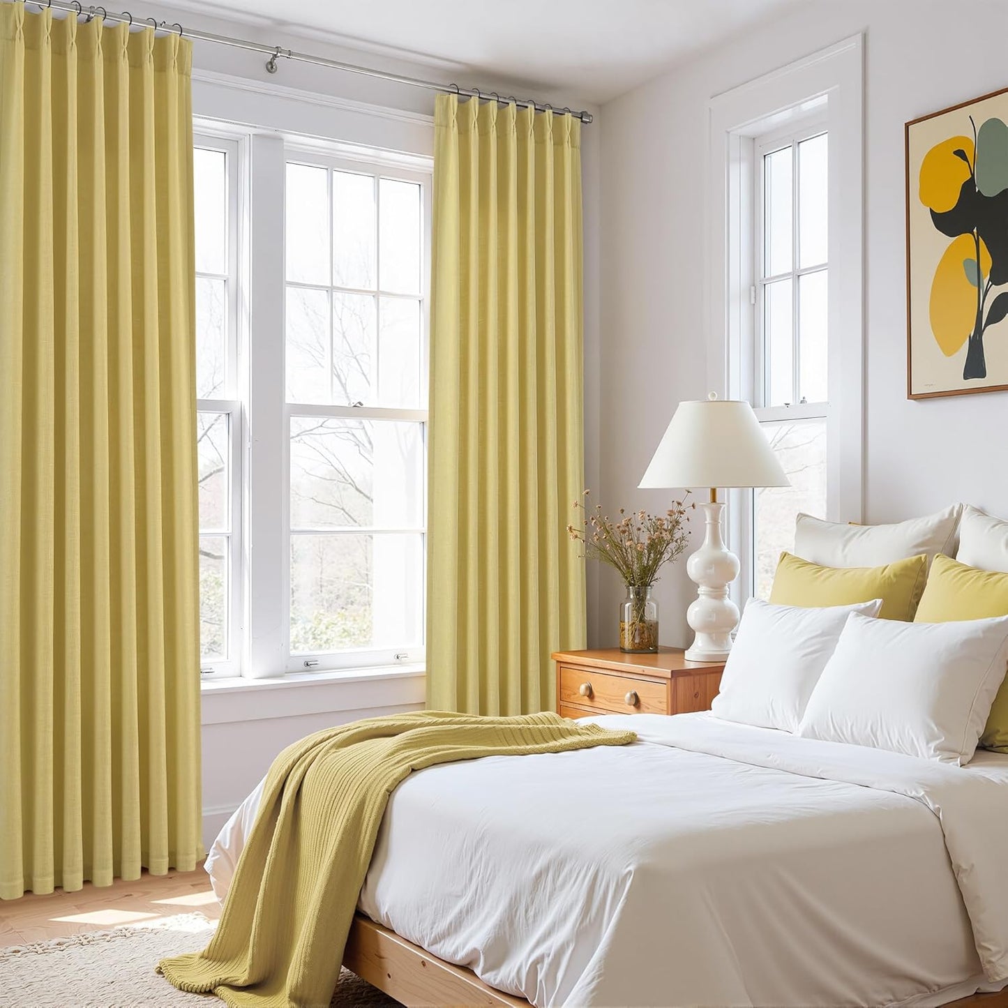 Yellow Linen Pinch Pleated Curtains 84 Inches Long 2 Panels for Living Room Bedroom Farmhouse Autumn Fall Boho Back Tab Thick Semi Sheer Light Filtering Privacy Window Drapes Clip Rings Hooks 40x84