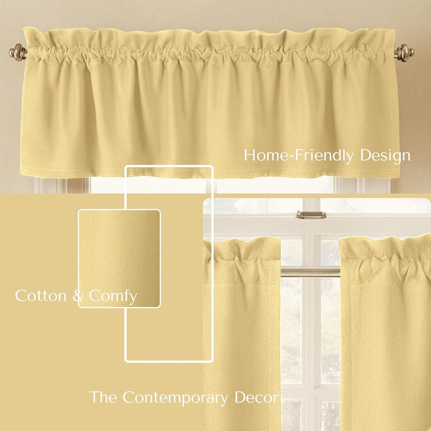Native Fab 3 Piece Window Curtain Tiers 26"x36" and Valance 54"x18" Set - Rod Pocket - Semi Sheer - Short Curtain for Kitchen, Cafe, Living Room - Pale Yellow
