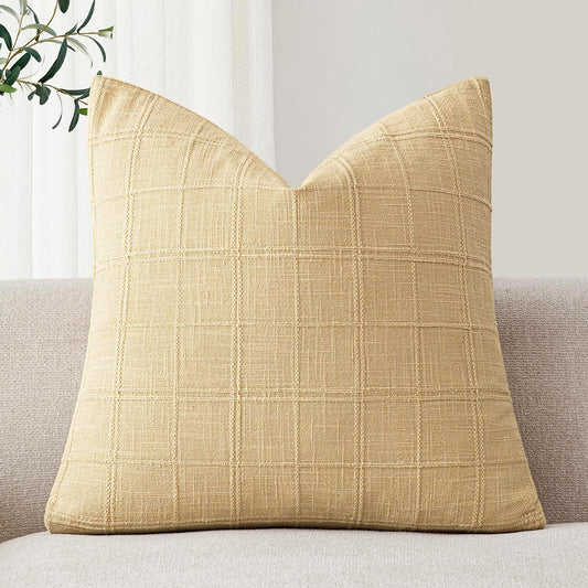 Foindtower Set of 1 Decorative Linen Check Throw Pillow Cover Neutral Farmhouse Vintage Cushion Cover Modern Boho Accent Home Decor for Sofa Chair Couch Bedroom Living Room,18×18 Inch,Light Yellow