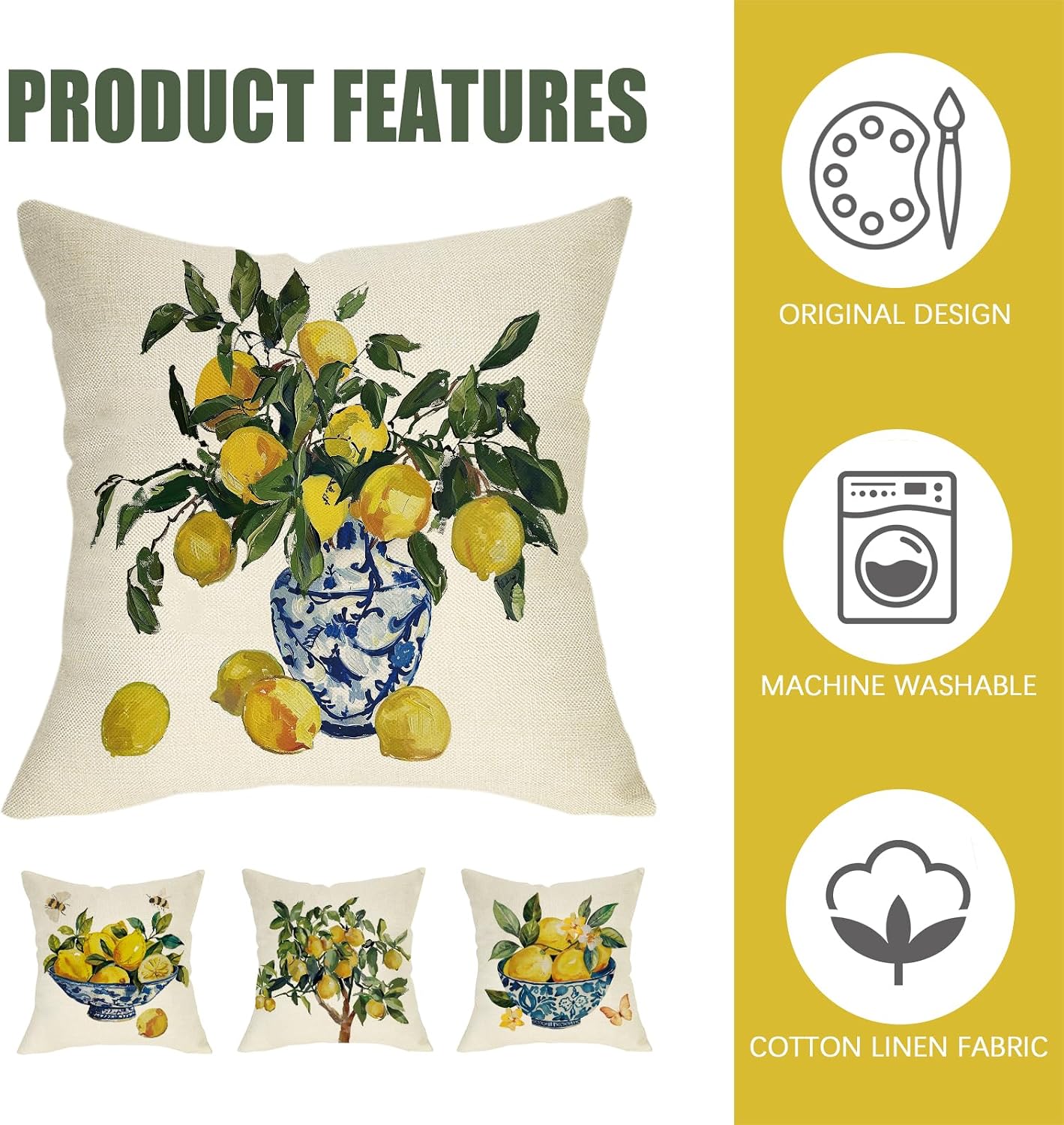 Fahrendom Italy Capri Lemon Decorative Throw Pillow Covers 18 x 18 Set of 4, Italian Amalfi Coast Citrus Blue and White Porcelain Pillowcase, Summer Mediterranean Sofa Couch Cushion Case Home Decor