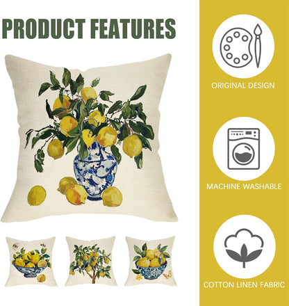 Fahrendom Italy Capri Lemon Decorative Throw Pillow Covers 18 x 18 Set of 4, Italian Amalfi Coast Citrus Blue and White Porcelain Pillowcase, Summer Mediterranean Sofa Couch Cushion Case Home Decor
