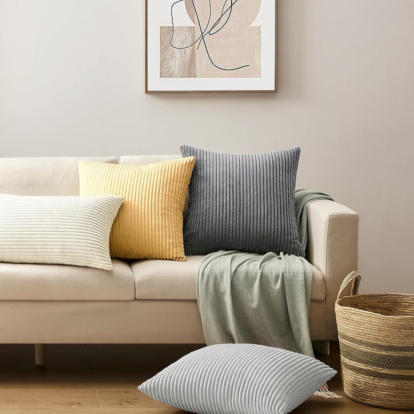 Softalker Decorative Throw Pillow Covers 18x18, Set of 2 Soft Corduroy Striped Boho Solid Pillow Cover, Modern Farmhouse Home Decor House Warming Gifts for Couch Sofa Bed Living Room, Light Yellow