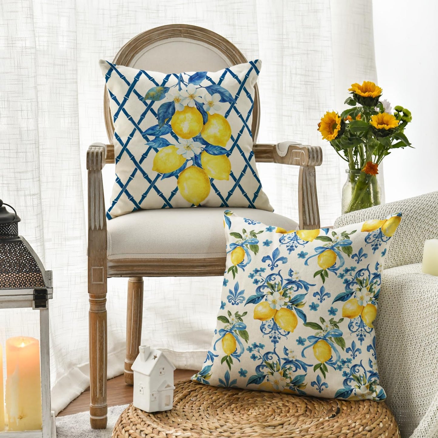 AVOIN colorlife Lemon Summer Throw Pillow Covers, 20 x 20 Inch Bule Diamond Check Bamboo Summer Cushion Case for Sofa Couch Set of 4
