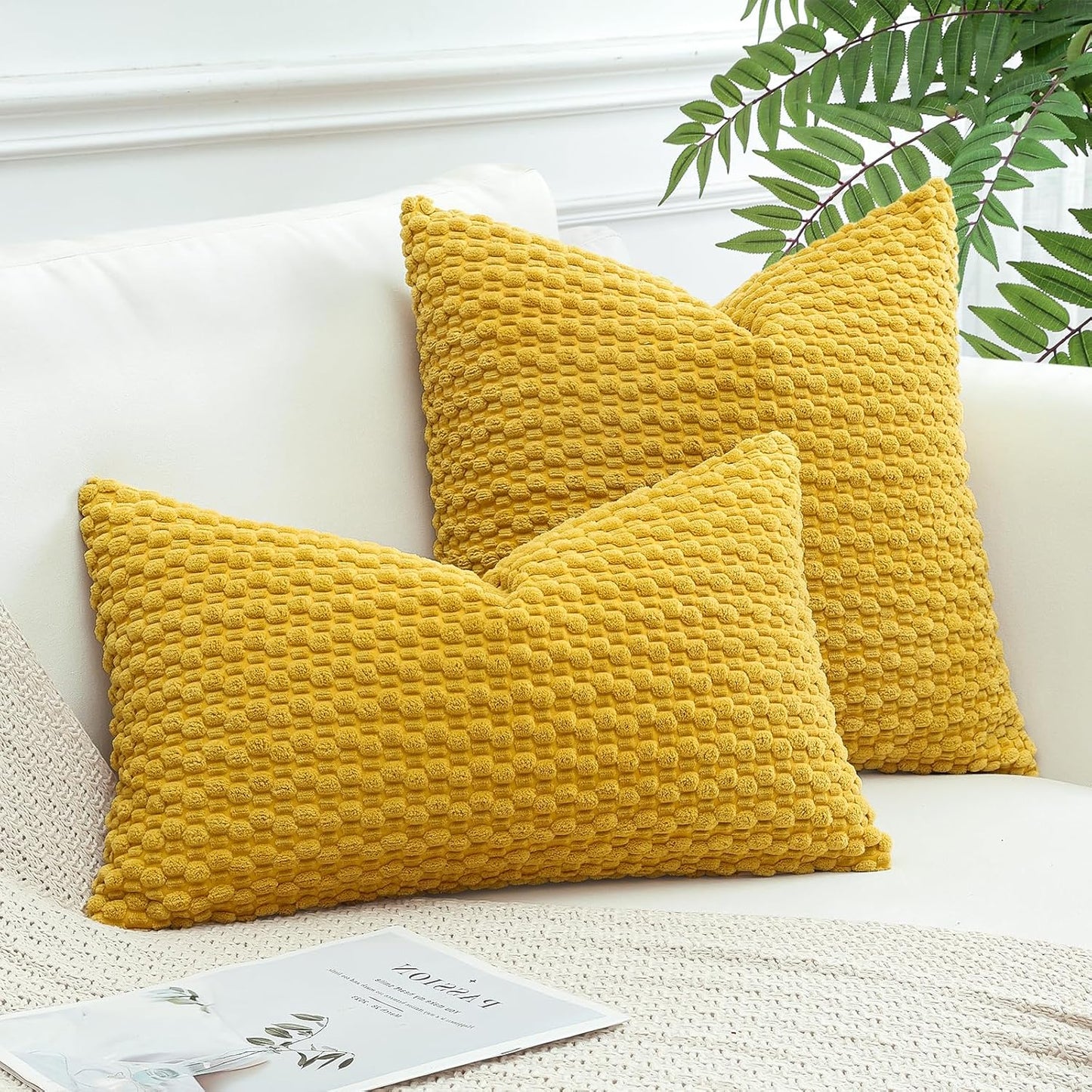 OTOSTAR Pom Poms Decorative Corduroy Throw Pillow Covers 22x22 Inch Super Soft Boho Striped Square Cushion Covers Case Geometric for Sofa Couch Bedroom Car Decor Set of 1, Yellow