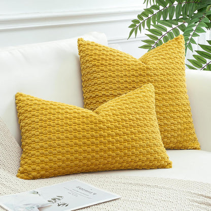 OTOSTAR Pom Poms Decorative Corduroy Throw Pillow Covers 16x16 Inch Super Soft Boho Striped Square Cushion Covers Case Geometric for Sofa Couch Bedroom Car Decor Set of 2, Yellow