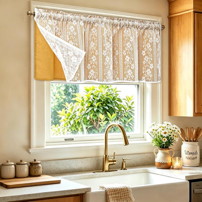 ASPMIZ Linen Valances for Windows Double Layer Valance Curtains with Lace Overlay, Mustard Yellow Kitchen Curtains Light Filtering, Rod Pocket Window Valances for Living Room, Kitchen, Cafe, 52x18