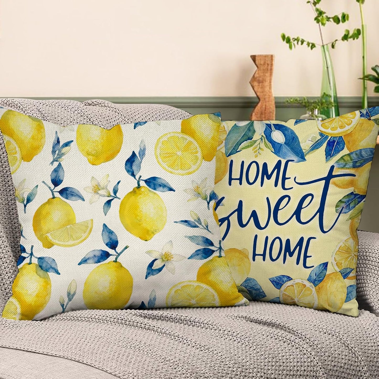 Lemon Decorative Throw Pillow Covers 18 x 18 Set of 4, Home Sweet Home Citrus Fruit Floral Botanical Family Porch Outdoor Decor, Spring Summer Bless This Home Farmhouse Sofa Couch Cushion Case