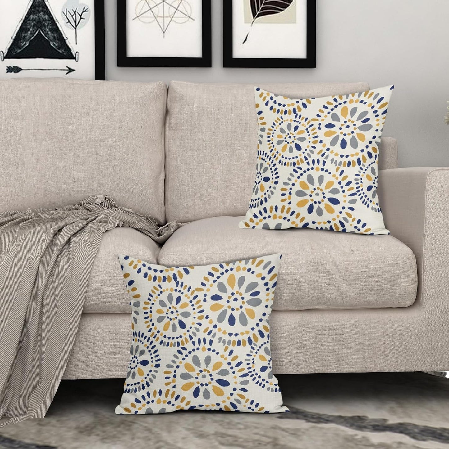 Blue and Yellow Throw Pillow Covers 18x18 Set of 2 Navy Yellow Grey Gray Boho Geometric Flower Pattern Print Decorative Pillowcases Farmhouse Outdoor Square Cushion Cases Decor for Sofa Bed Couch