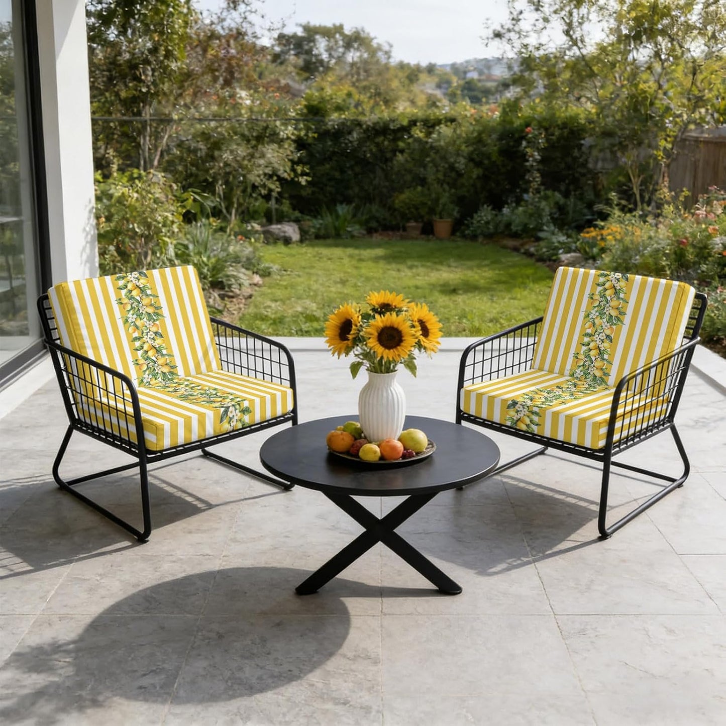 Outdoor Patio Cushion Covers 2 Pack Yellow Lemon Stripes Chair Pads Slipcovers with Ties Waterproof Floral Fruit Leaves Seat Cushion Covers for Outdoor Furniture Protector Couch Sofa 22x20 Inch