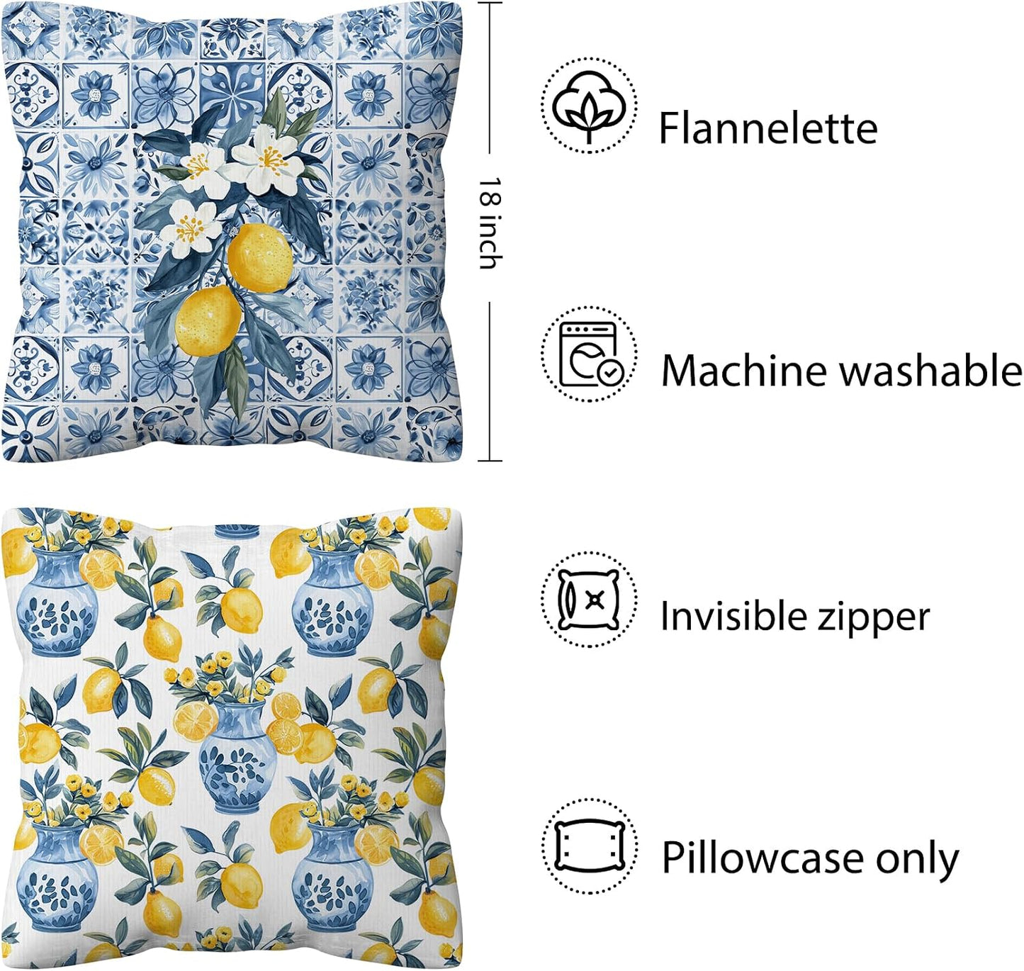 kdqua Italian Lemon Pillow Covers 18x18, Mediterranean Lemon Decorations Throw Pillow Cover, Blue and White Amalfi Coast Summer Fruit Pillowcase Covers for Sofa Home Decor