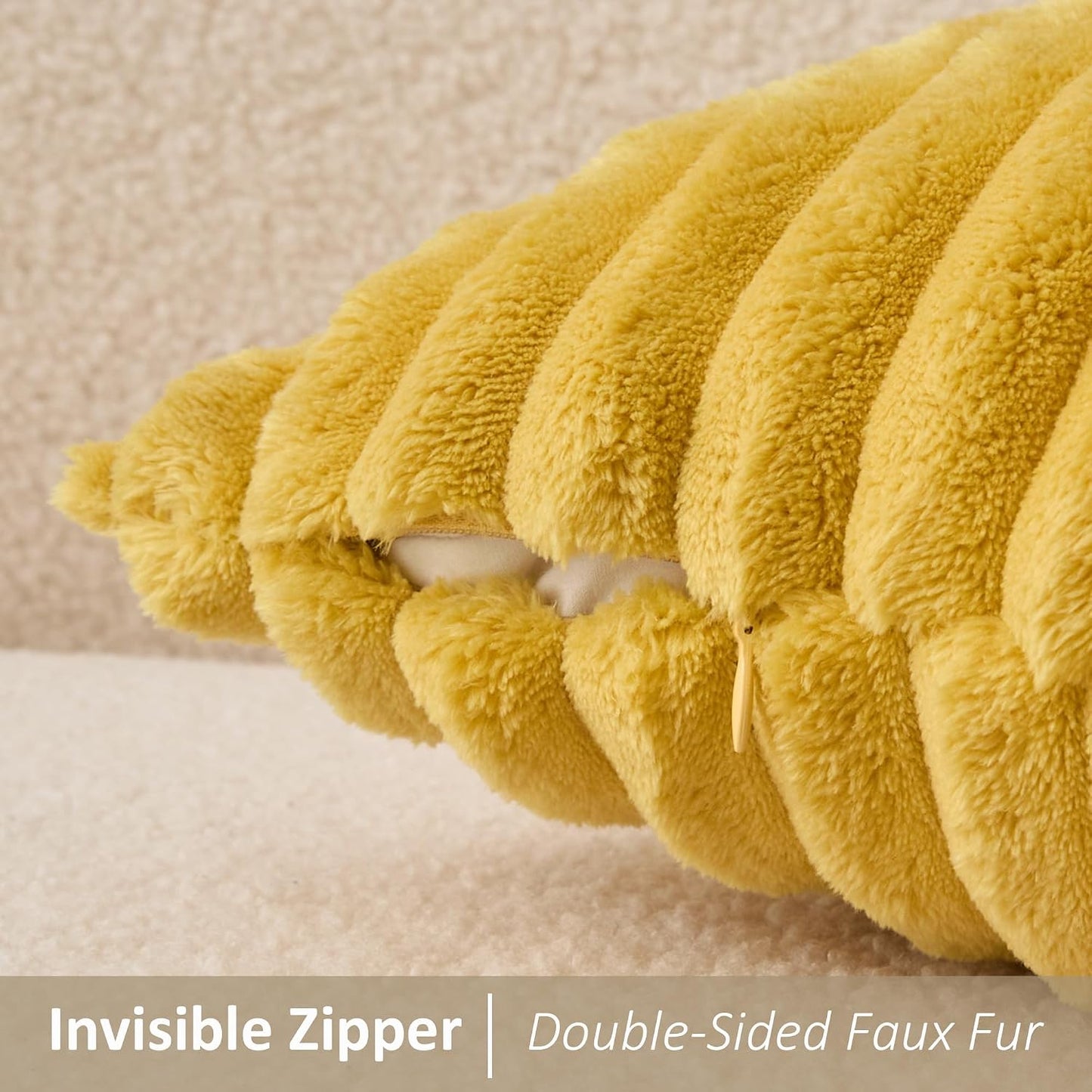 Kevin Textile Soft Plush 12x20 Inch Lumbar Pillow Cover 1 Pack, Luxury Fluffy Faux Fur Striped Flannel Rectangle Cushion Case for Couch Sofa Chair Bed Home Decor, Yellow