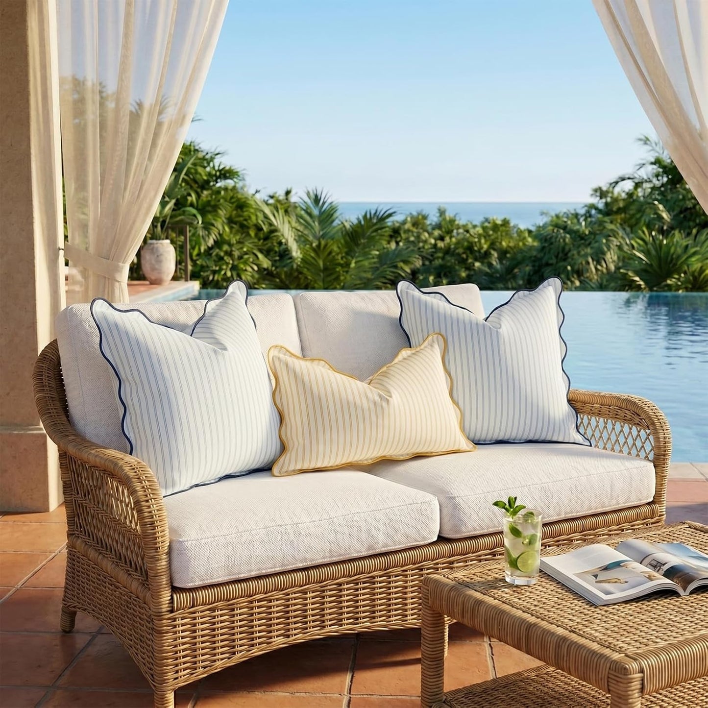 DEZENE 12x20 Yellow Outdoor Lumbar Pillow Cover, Striped Scalloped Water Resistant Throw Pillow Case Farmhouse Cushion Cover for Coastal Patio and Porch Decor