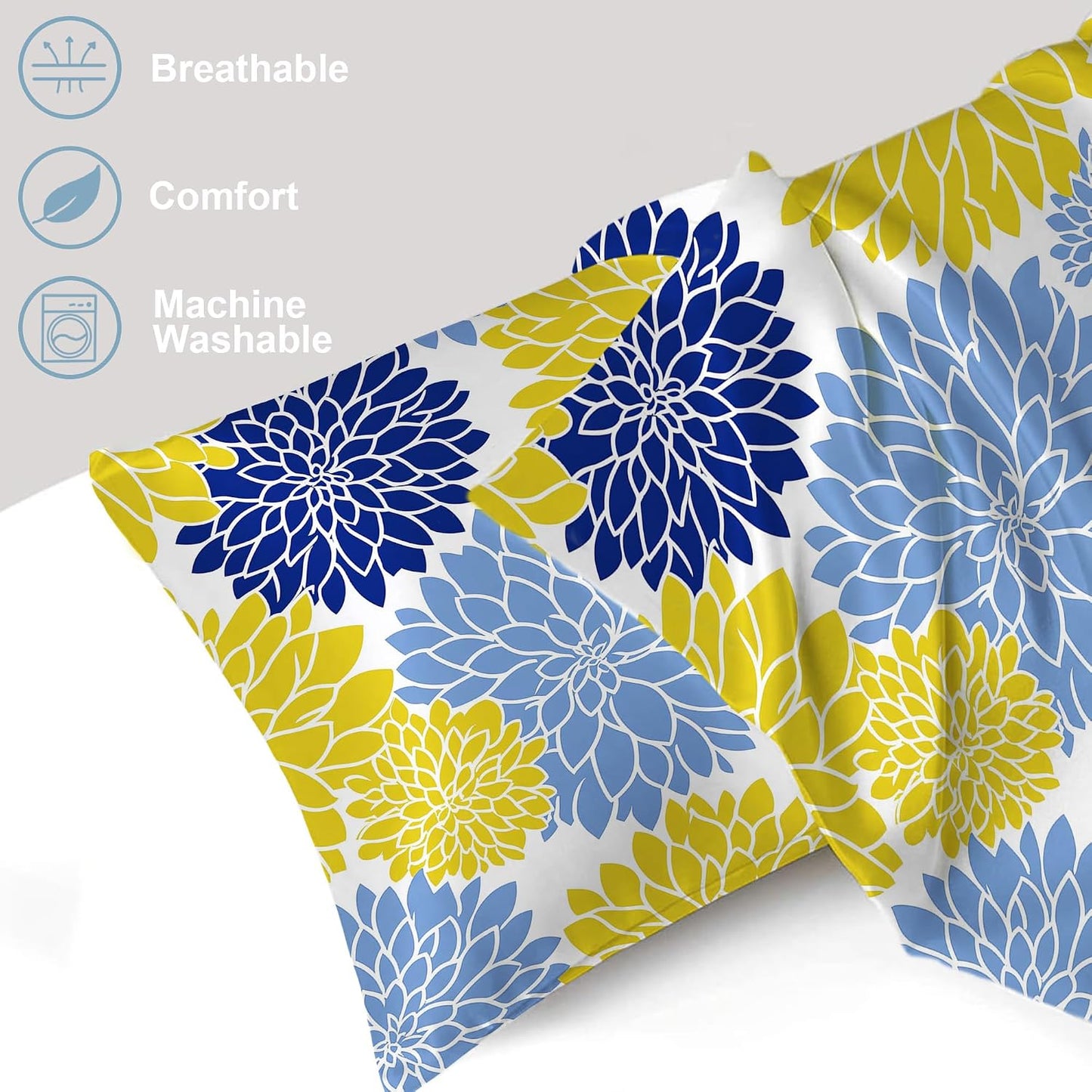 Yellow Navy Blue Flower Satin Pillowcase for Hair and Skin 1 Pack,Soft and Cooling Similar to Silk Pillow Cases with Hidden Zipper, Gift for Women Men(20"x30" Queen Size
