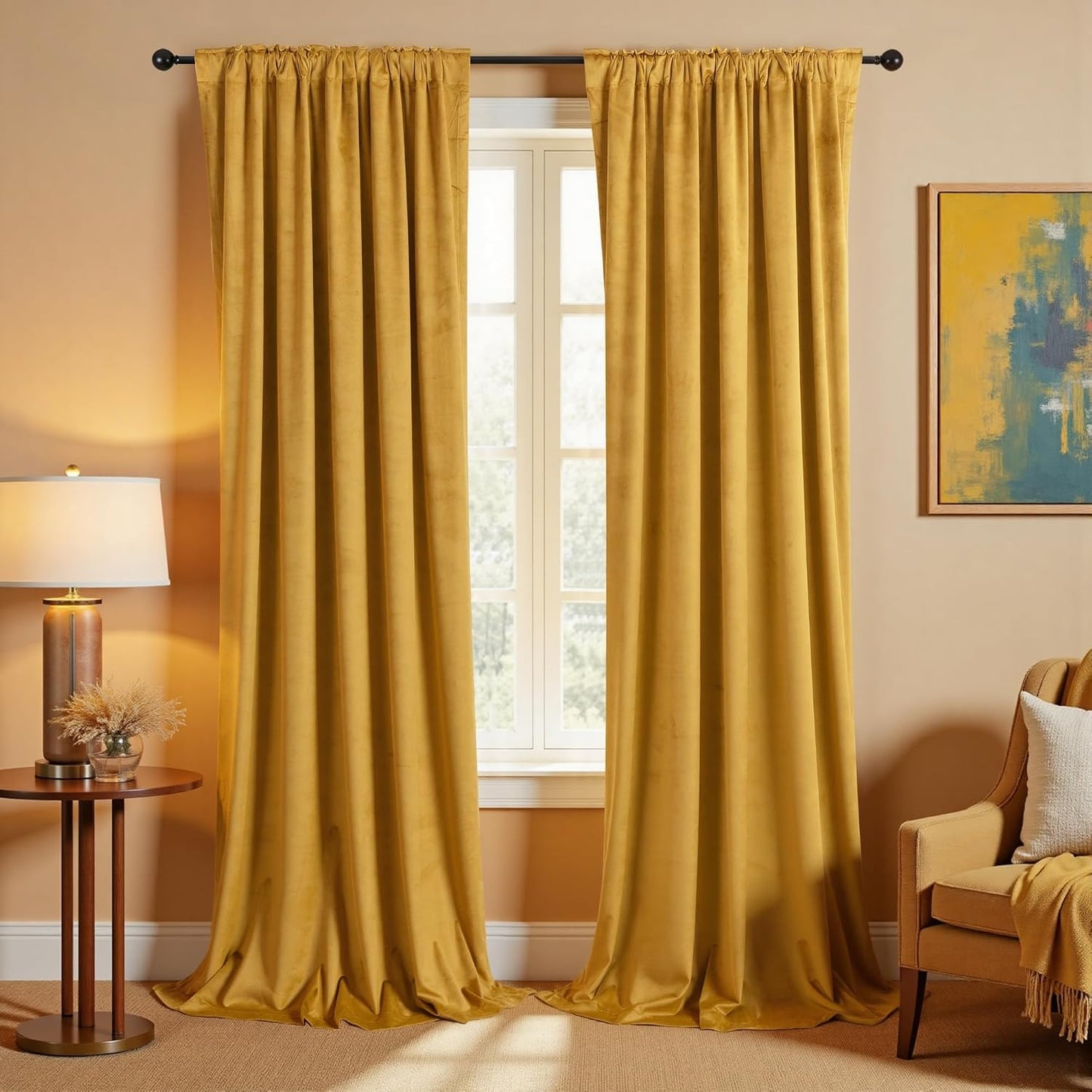 KOUFALL Mustard Yellow Velvet Curtains Blackout,Back Hook Retro Mid Century Modern Curtain,Pleated MCM Vintage Boho Eclectic Curtains for Living Room Bedroom 84 Inches Long 2 Panels