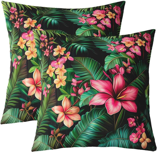 Manfei Tropical Double Sides Print Pillow Covers,Hawaiian Plumeria Flowers Watercolor Throw Pillow Case Covers,Jungle Botanical Palm Leaves Green 20"x 20" Cushion Covers,Pack of 2