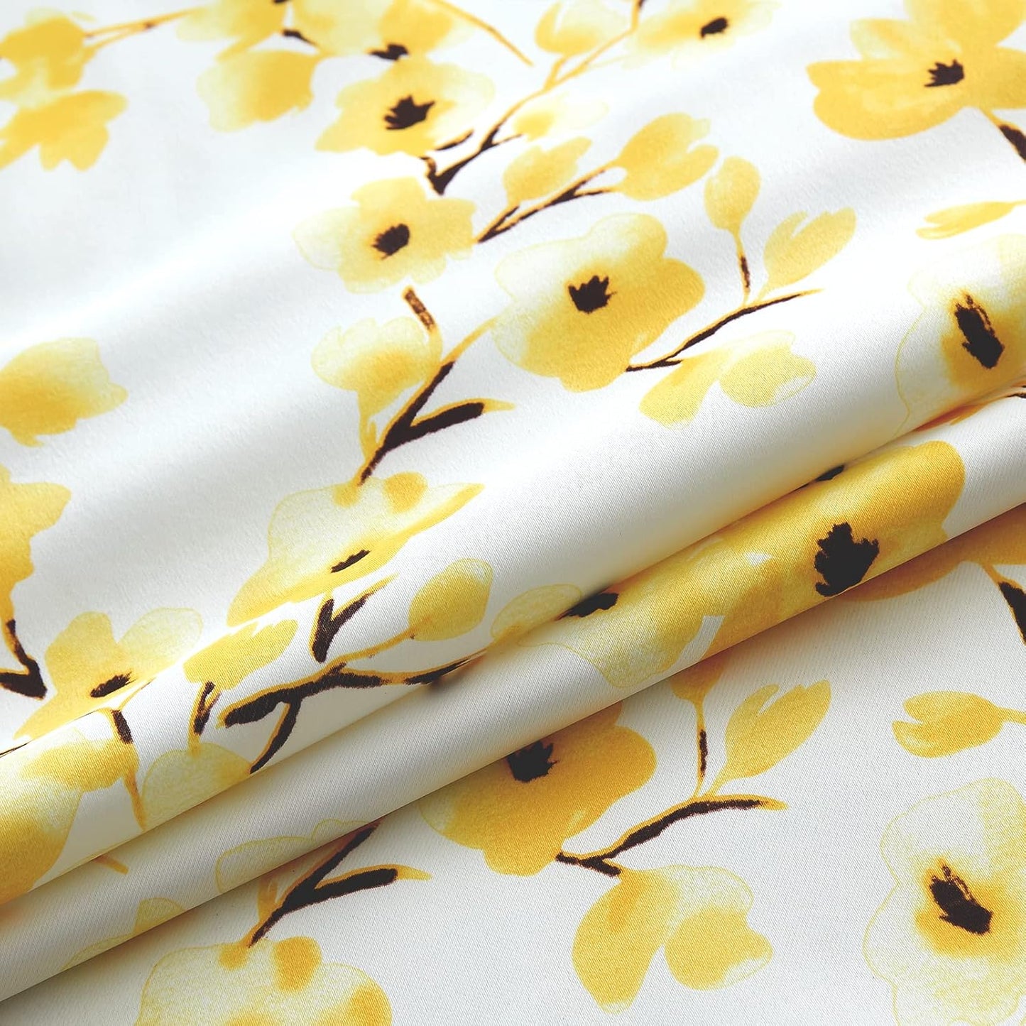 Melodieux Floral Curtains 84 Inches Long for Living Room, Farmhouse Yellow Apricot Flower Print White Decorative Grommet Drapes, 52x84 Inch, 2 Panels