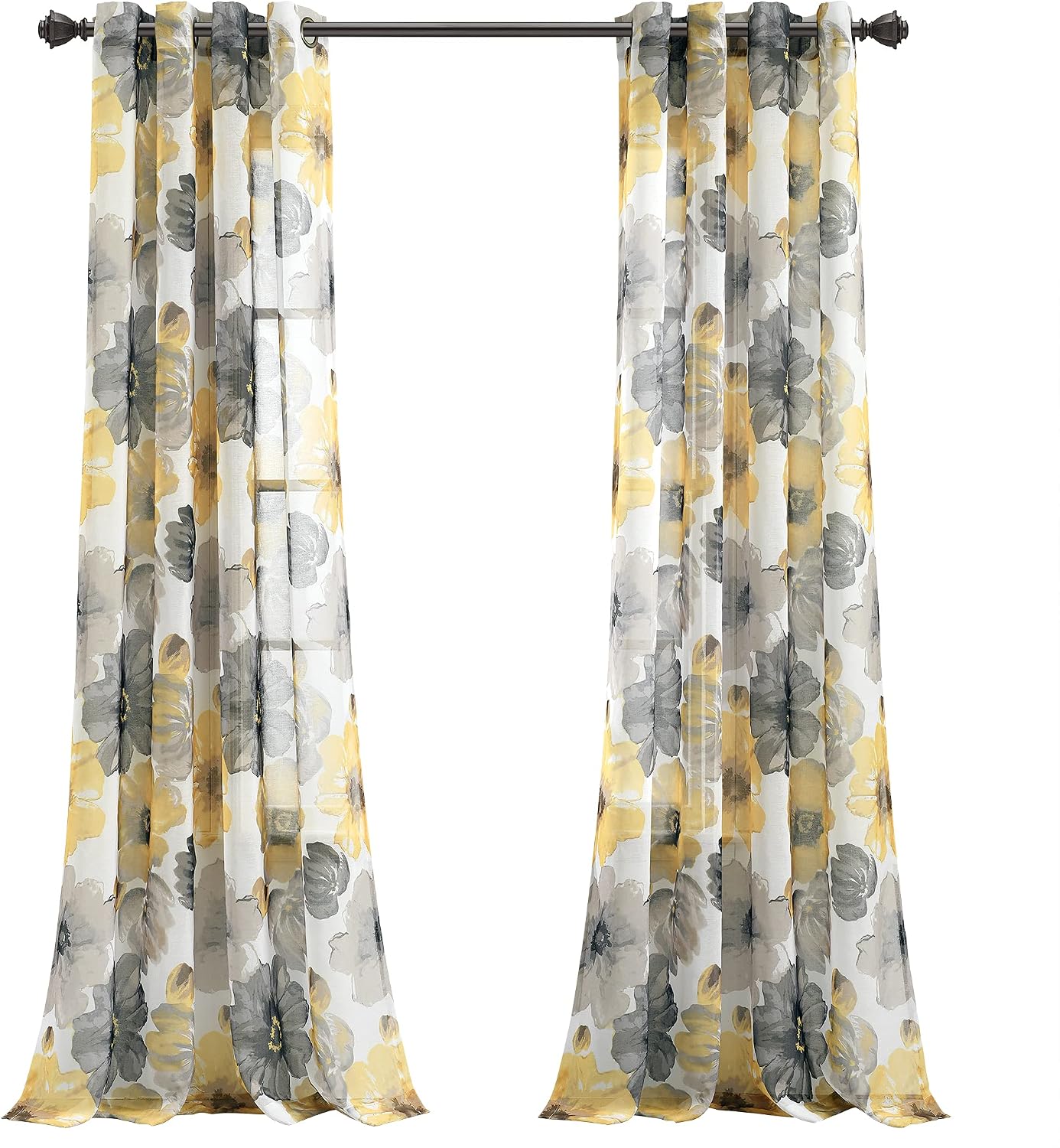 Lush Decor Leah Floral Sheer Window Curtain Panels Pair 52"W x 84"L Yellow & Gray - Floral Curtains for Bedroom - Sheer Curtains for Living Room