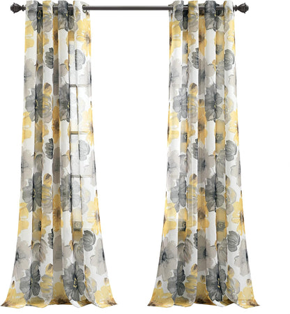 Lush Decor Leah Floral Sheer Window Curtain Panels Pair 52"W x 84"L Yellow & Gray - Floral Curtains for Bedroom - Sheer Curtains for Living Room
