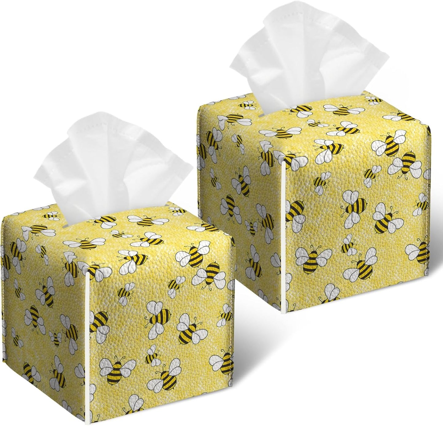 2 Pack Yellow Bees Tissue Box Cover Square PU Leather Tissue Box Holder Waterproof Facial Paper Organizer Dispenser for Bathroom Kitchen Home Office Car