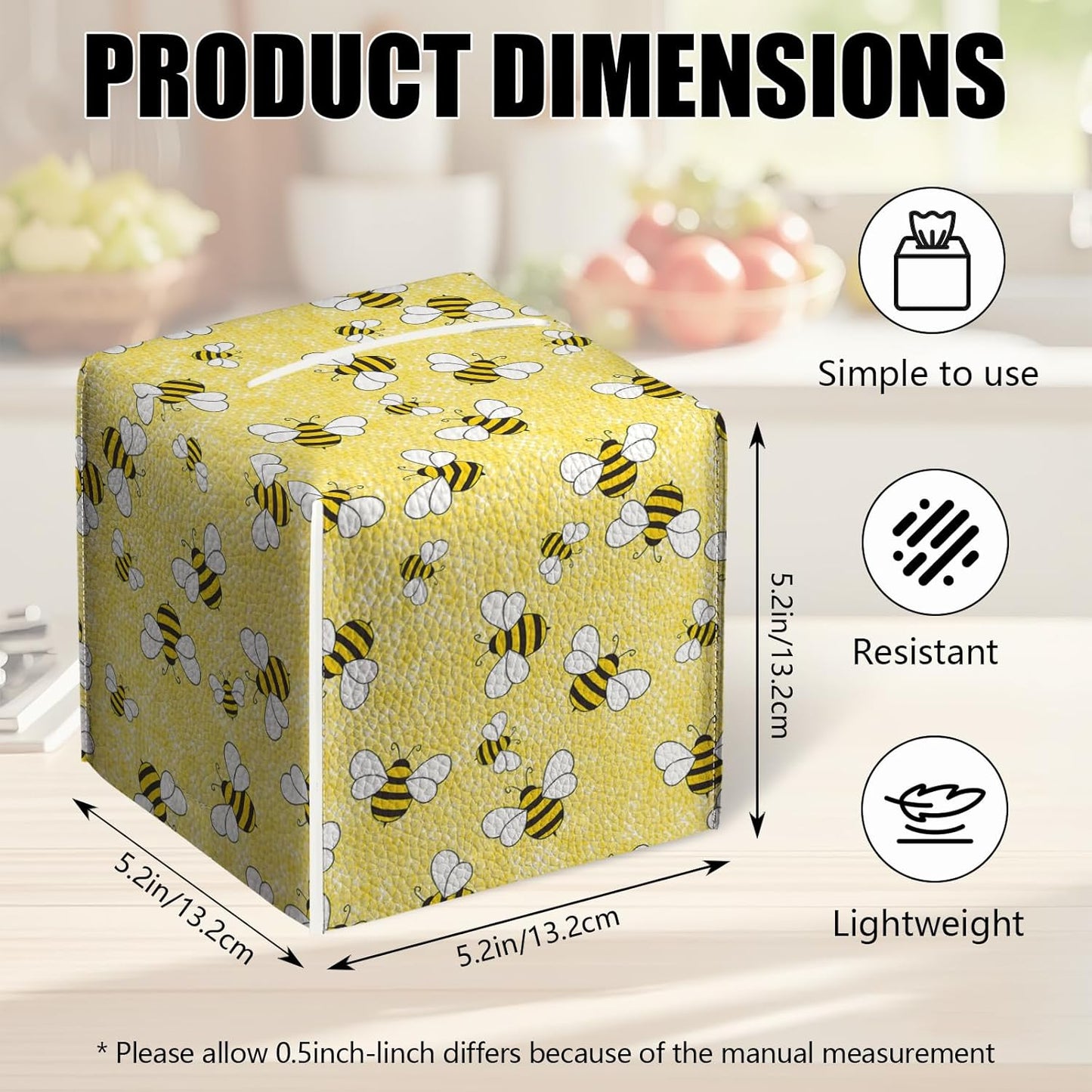 2 Pack Yellow Bees Tissue Box Cover Square PU Leather Tissue Box Holder Waterproof Facial Paper Organizer Dispenser for Bathroom Kitchen Home Office Car