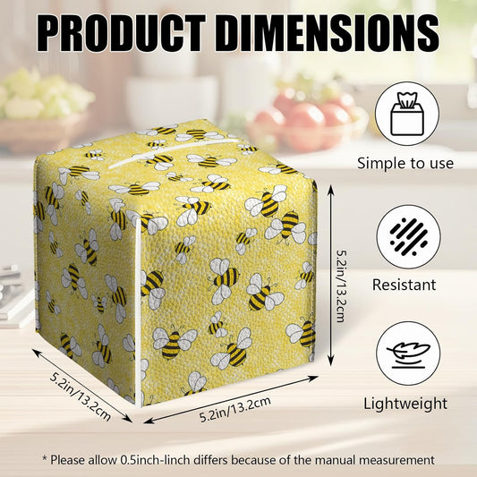 2 Pack Yellow Bees Tissue Box Cover Square PU Leather Tissue Box Holder Waterproof Facial Paper Organizer Dispenser for Bathroom Kitchen Home Office Car