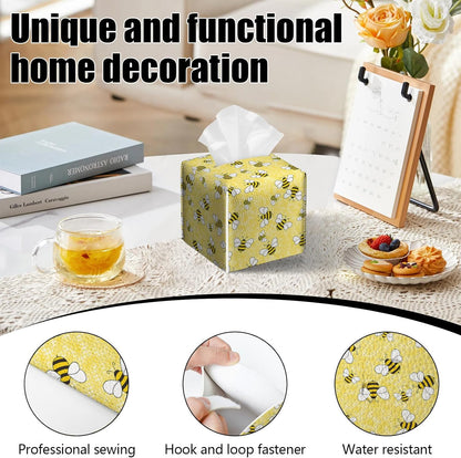 2 Pack Yellow Bees Tissue Box Cover Square PU Leather Tissue Box Holder Waterproof Facial Paper Organizer Dispenser for Bathroom Kitchen Home Office Car