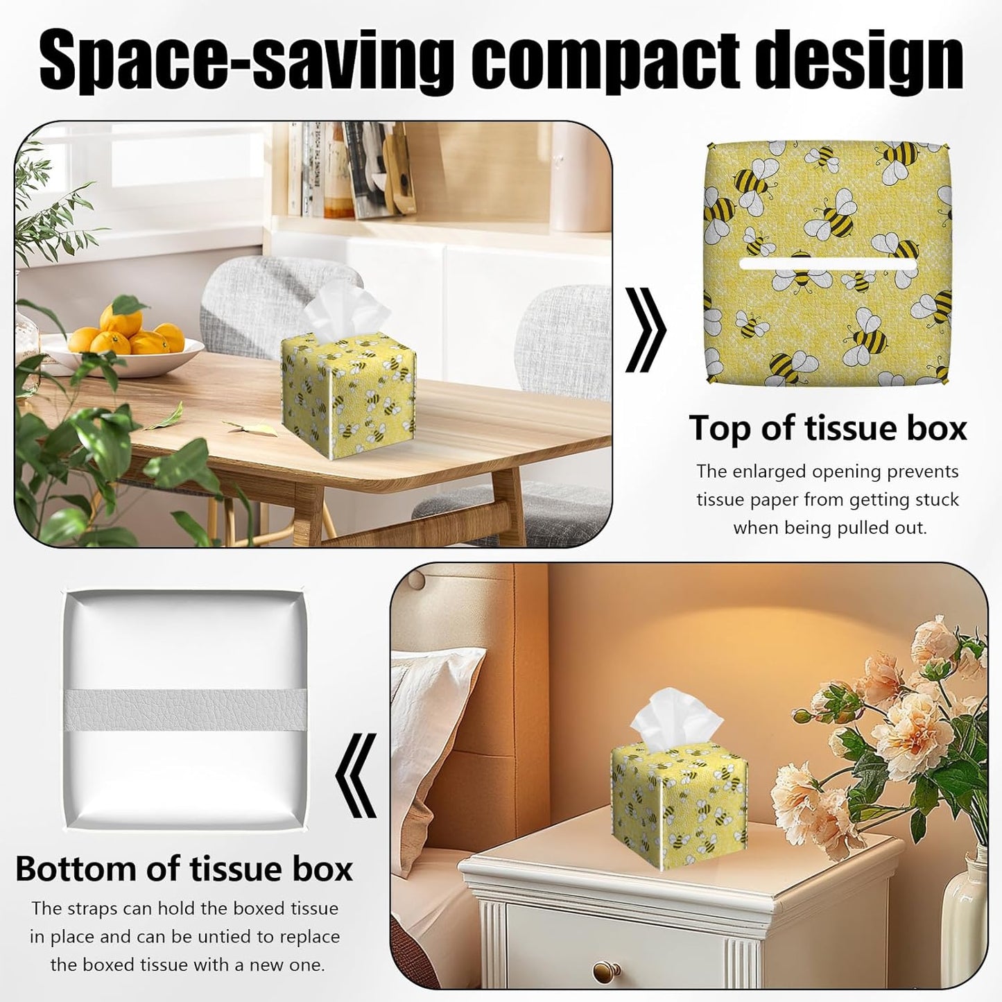 2 Pack Yellow Bees Tissue Box Cover Square PU Leather Tissue Box Holder Waterproof Facial Paper Organizer Dispenser for Bathroom Kitchen Home Office Car
