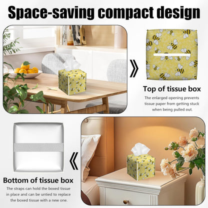 2 Pack Yellow Bees Tissue Box Cover Square PU Leather Tissue Box Holder Waterproof Facial Paper Organizer Dispenser for Bathroom Kitchen Home Office Car