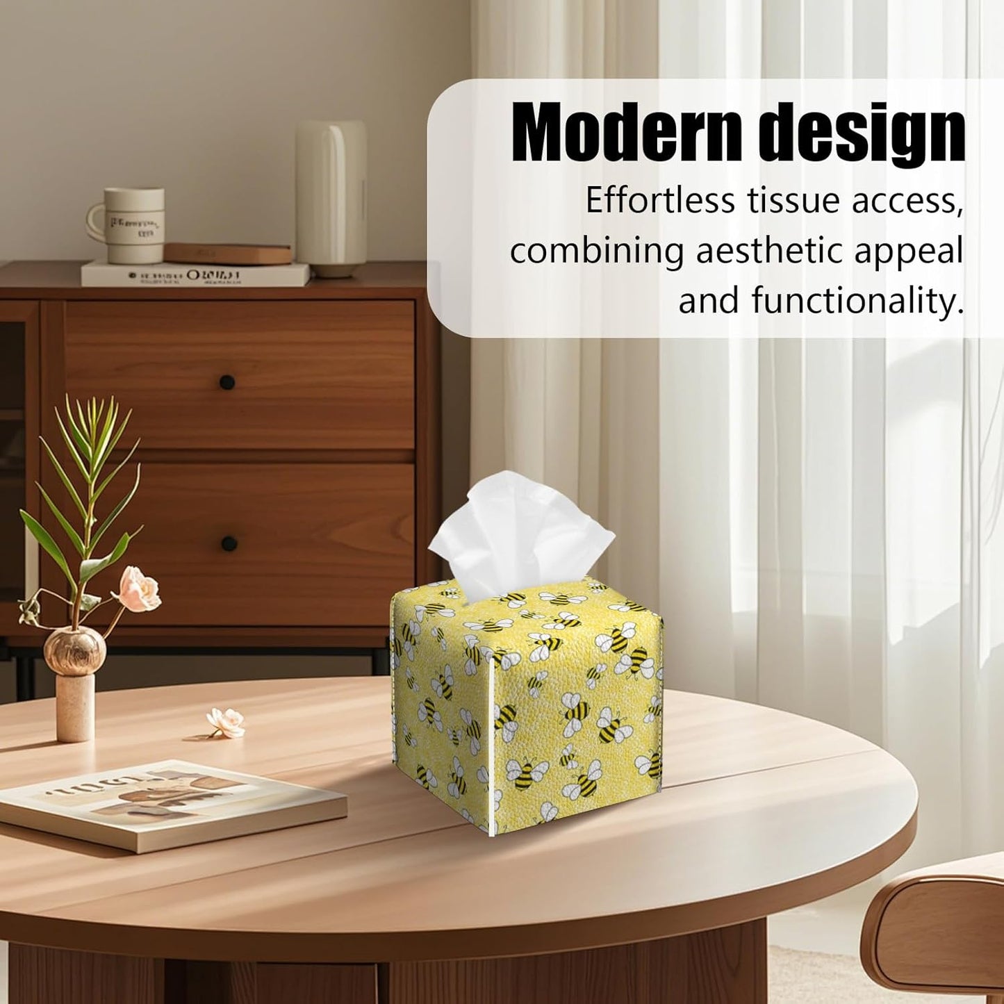 2 Pack Yellow Bees Tissue Box Cover Square PU Leather Tissue Box Holder Waterproof Facial Paper Organizer Dispenser for Bathroom Kitchen Home Office Car