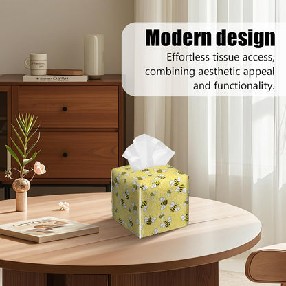 2 Pack Yellow Bees Tissue Box Cover Square PU Leather Tissue Box Holder Waterproof Facial Paper Organizer Dispenser for Bathroom Kitchen Home Office Car