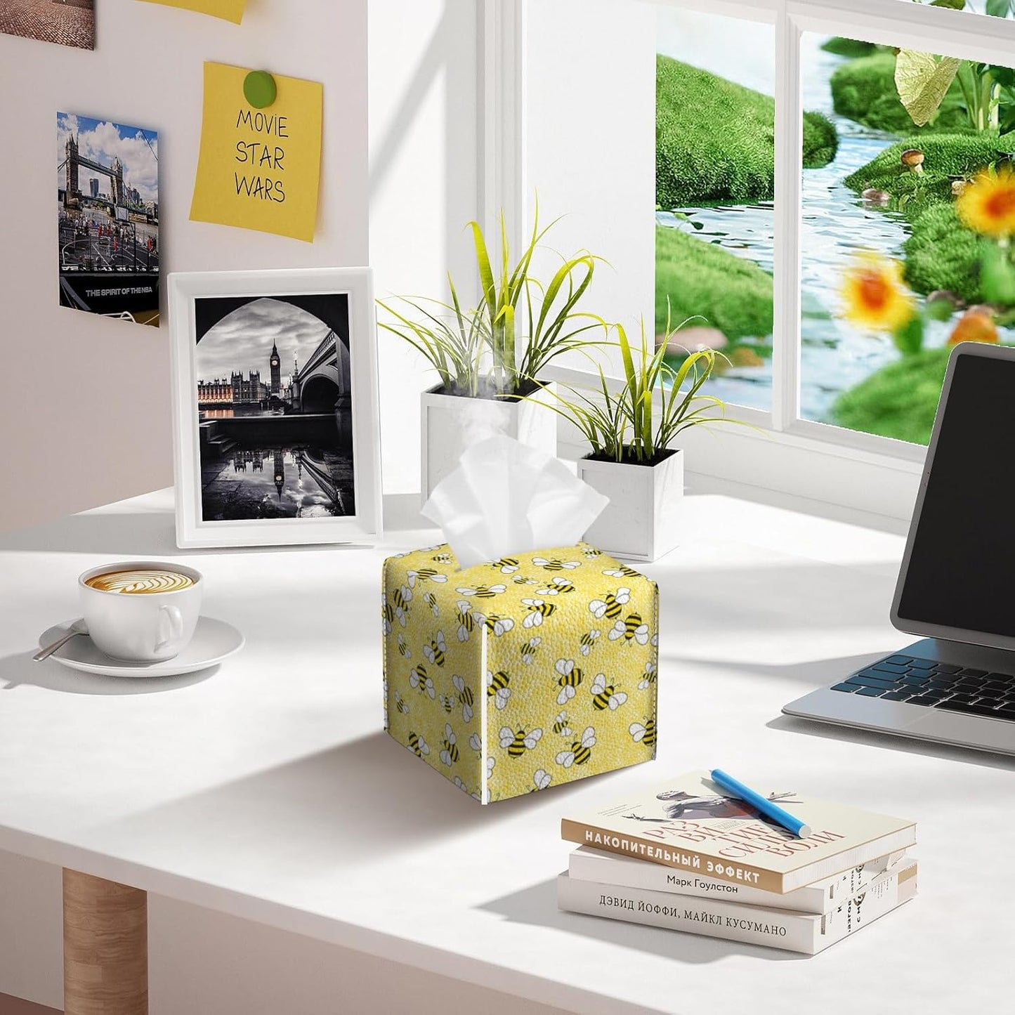 2 Pack Yellow Bees Tissue Box Cover Square PU Leather Tissue Box Holder Waterproof Facial Paper Organizer Dispenser for Bathroom Kitchen Home Office Car