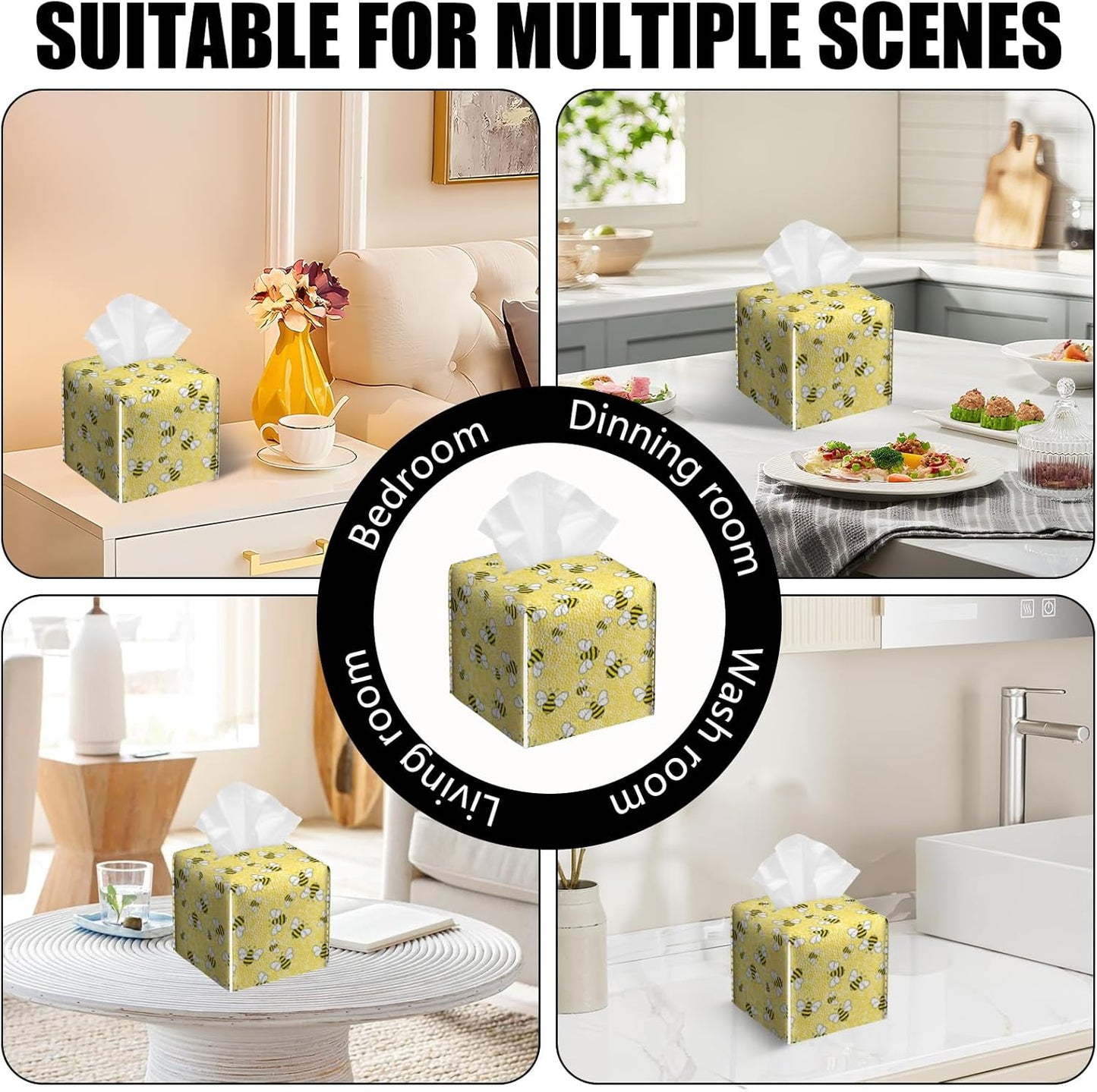 2 Pack Yellow Bees Tissue Box Cover Square PU Leather Tissue Box Holder Waterproof Facial Paper Organizer Dispenser for Bathroom Kitchen Home Office Car