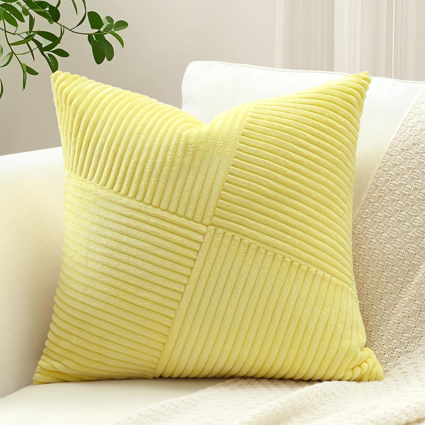 OTOSTAR Set of 1 Decorative Throw Pillow Cover Soft Corduroy Solid Square Pillow Cases Boho Striped Windmill Patchwork Textured Cushion Cover for Sofa Car Bed Living Room 18x18 Inch, Yellow