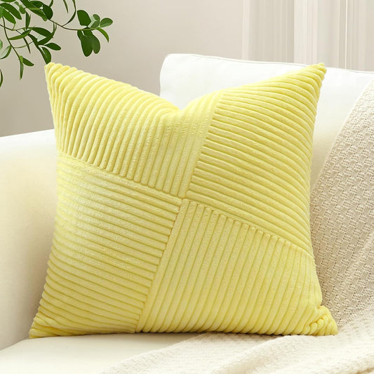 OTOSTAR Set of 1 Decorative Throw Pillow Cover Soft Corduroy Solid Square Pillow Cases Boho Striped Windmill Patchwork Textured Cushion Cover for Sofa Car Bed Living Room 18x18 Inch, Yellow