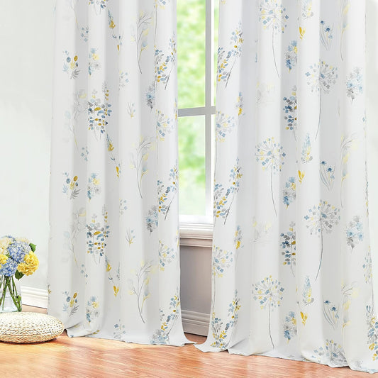 XTMYI Yellow and Blue Floral Spring Curtains for Living Room, Pretty Ditsy Flower Printed Drapes, Summer Decorative Patterned Semi Blackout Window Panels for Sunroom Sliding Glass Door, 52" W x 84" L