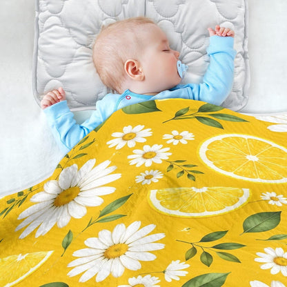 Yellow Lemon Daisy Print Baby Blanket 30"x40", Soft Cotton Toddler Blankets for Girls Boys with Warm Middle Layer, Lightweight Receiving Blanket for Newborn Crib Stroller