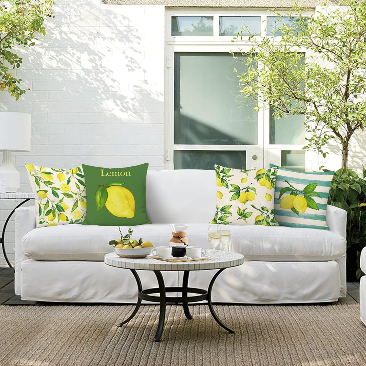 Bonhause Summer Lemon Pillow Covers 18 x 18 Inch Set of 4 Yellow Fruit Floral Green Leaves Outdoor Decorative Polyester Linen Pillowcases for Sofa Couch Bedroom Home Décor