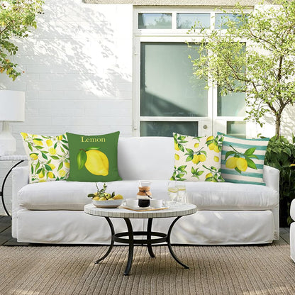 Bonhause Summer Lemon Pillow Covers 18 x 18 Inch Set of 4 Yellow Fruit Floral Green Leaves Outdoor Decorative Polyester Linen Pillowcases for Sofa Couch Bedroom Home Décor