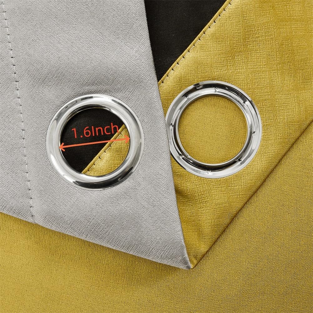 F-CHU 100% Blackout Curtains for Bedroom Grey and Mustard Yellow Patchwork Curtains Thermal Insulated Room Darkening Window Drapes for Living Room Grommet 63 inch Long 2 Panels