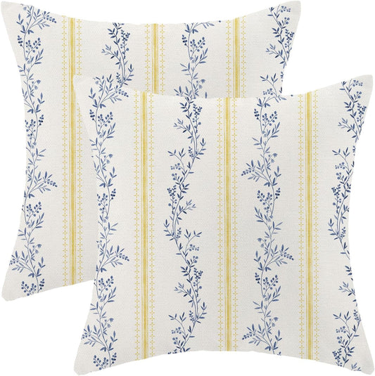 AEIOAE Spring Blue Yellow Floral Throw Pillow Covers 18x18 Inch Set of 2 Striped Flower Botanical Vintage Decorative Pillow Cases Boho Outdoor Farmhouse Cushion Case for Couch Sofa Home Decor