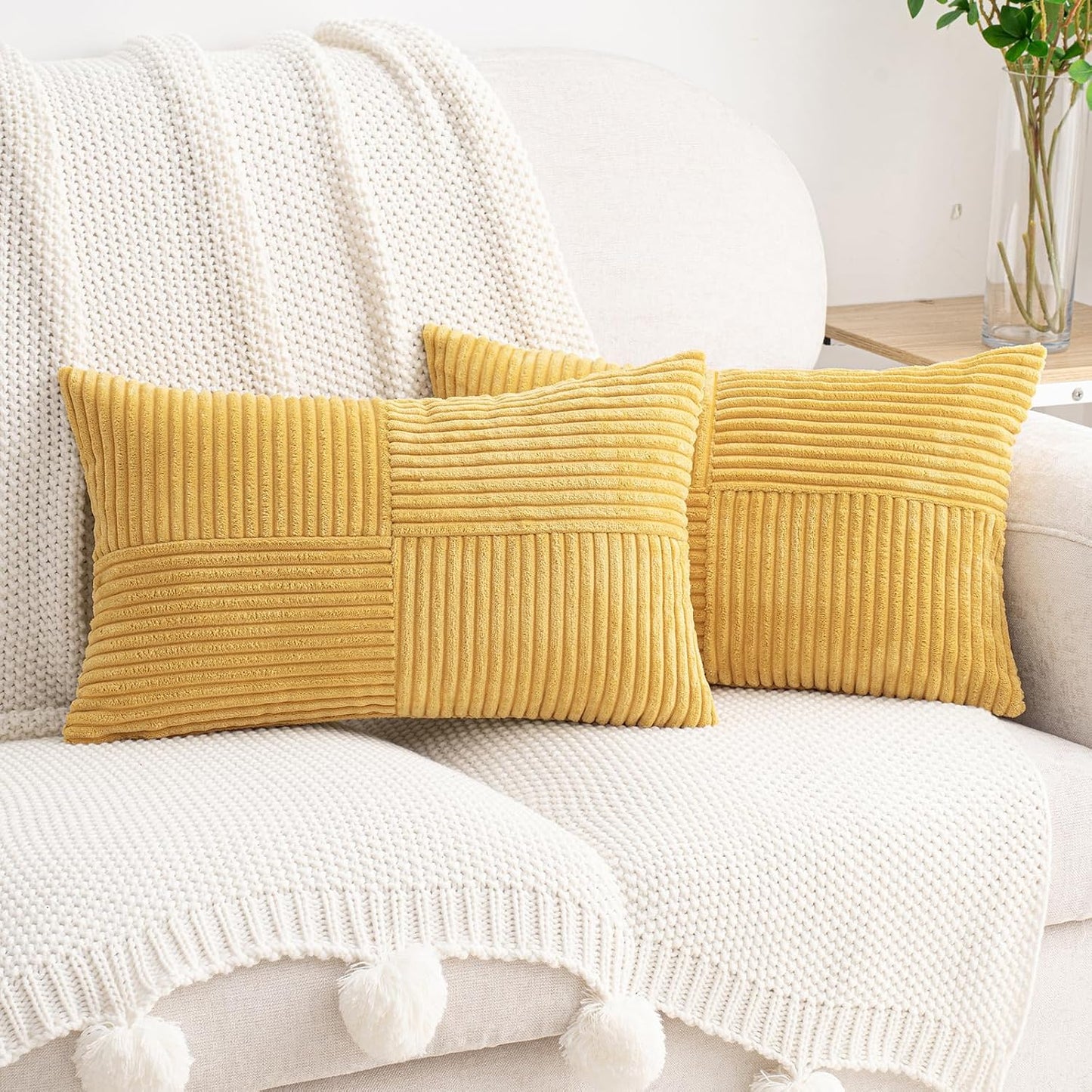 HWY 50 Mustard Yellow Corduroy Patchwork Throw Pillow Covers 12x20 Inch Rectangle, Set of 2, Soft Cozy Textured Decorative Cushion Cases for Couch Sofa Bed Living Room, Boho Striped Home Decor