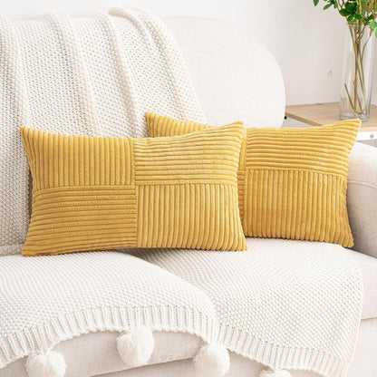 HWY 50 Mustard Yellow Corduroy Patchwork Throw Pillow Covers 12x20 Inch Rectangle, Set of 2, Soft Cozy Textured Decorative Cushion Cases for Couch Sofa Bed Living Room, Boho Striped Home Decor