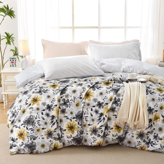 Duvet Cover King Size, Reversible Floral Vintage Duvet Cover Set with Zipper Closure, 3 Pieces Botanical Patterns Soft Microfiber Bedding Set (90"x104", 2 Pillow Cases 20"×36", Yellow Grey Flower)