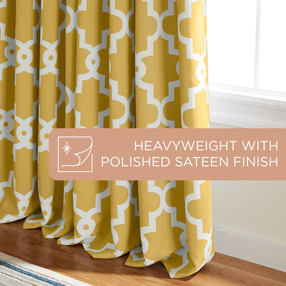 TOWN & COUNTRY EVERYDAY Ironwork Geo Trellis Sateen Indoor Curtains, Room Darkening Blackout, Grommet Top, Energy Efficient, 2-Pack Set, 52"x63", Sundress Yellow