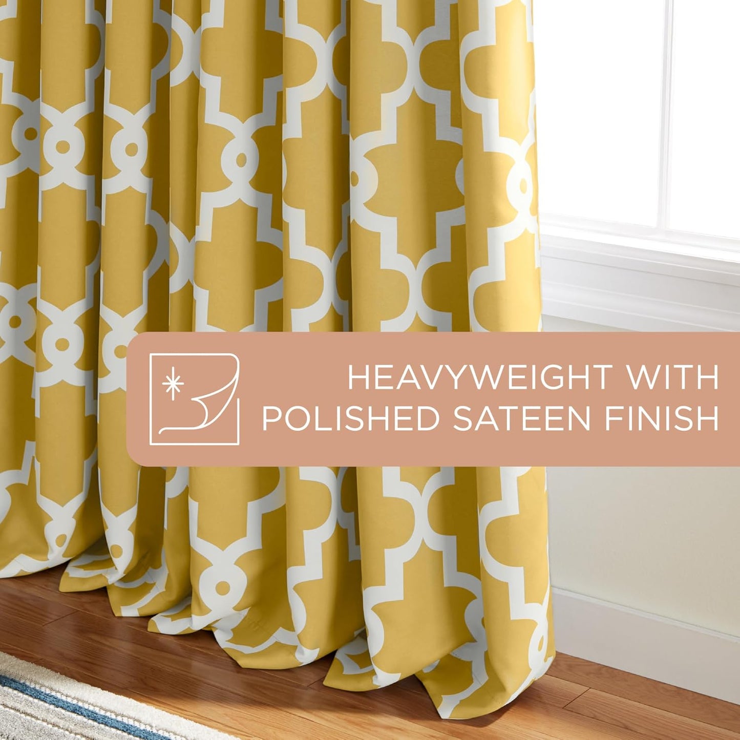 TOWN & COUNTRY EVERYDAY Ironwork Geo Trellis Sateen Indoor Curtains, Room Darkening Blackout, Grommet Top, Energy Efficient, 2-Pack Set, 52"x84", Sundress Yellow