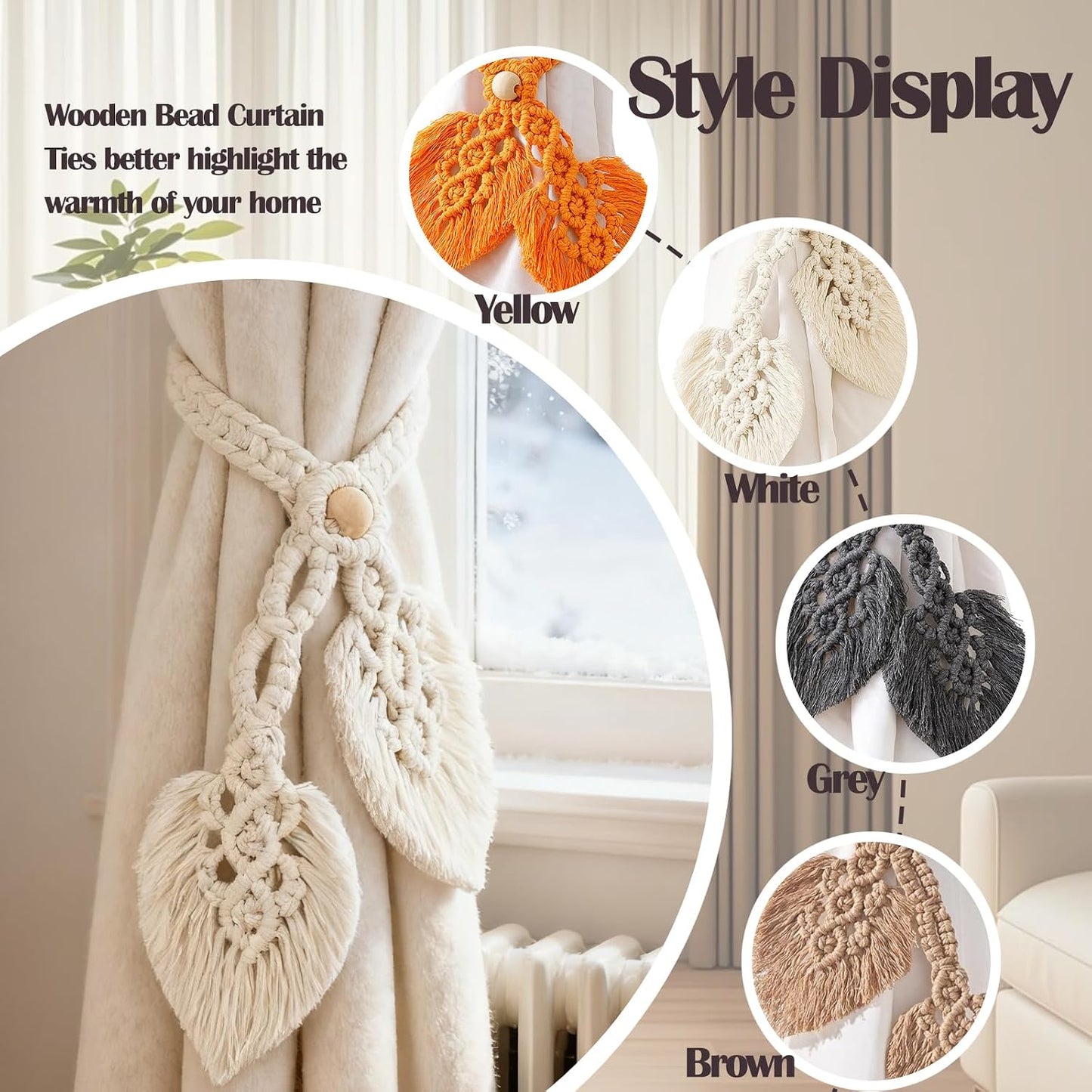 2 PCS Boho Curtain Tiebacks Wooden Bead Curtain Ties Adjustable Hand Knitting Cotton Curtain Holdbacks Woodland Curtain Tie Backs for Drapes Decorative (Yellow)