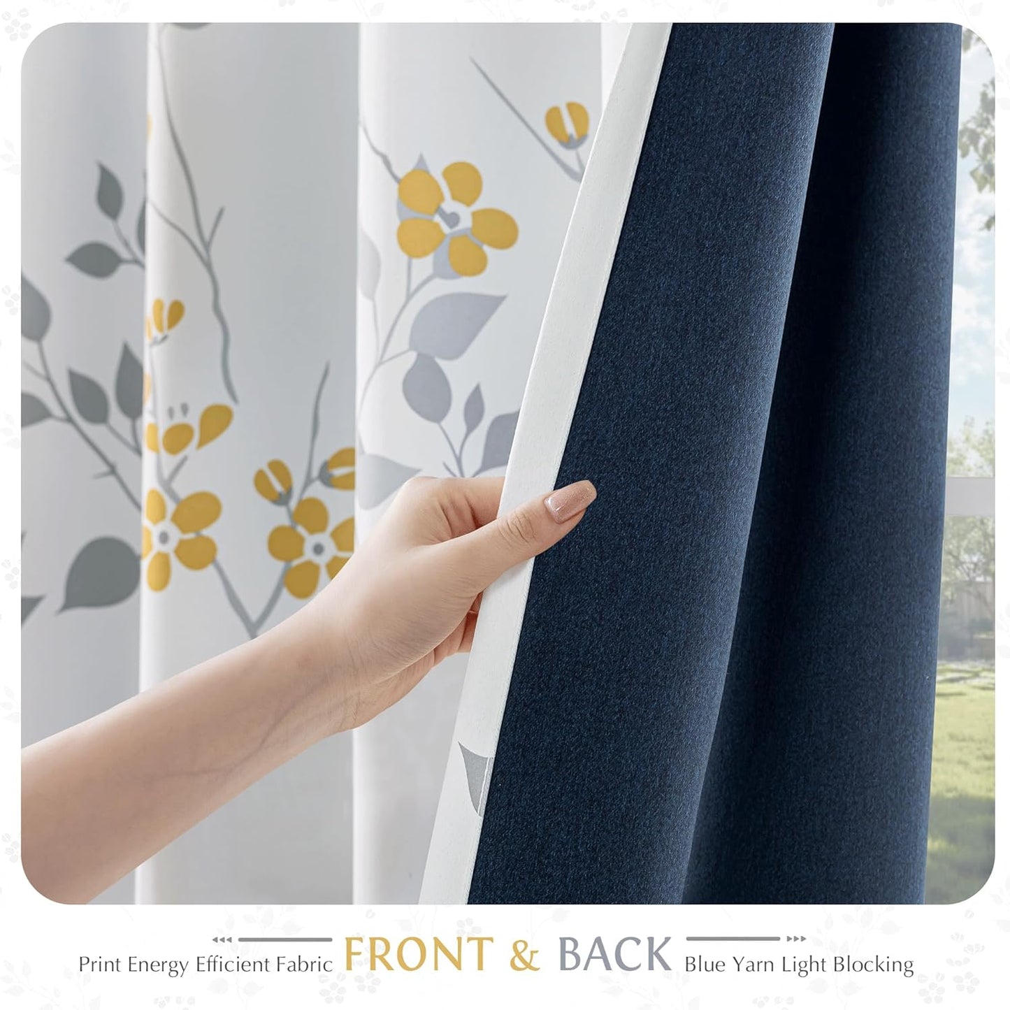Beauoop Floral 100% Blackout Curtains 96 Inches Long 2 Panels for Bedroom Living Room Yellow Grey and White Flower Patterned Room Darkening Thermal Soundproof Grommet Window Treatments Drapes, 52X96