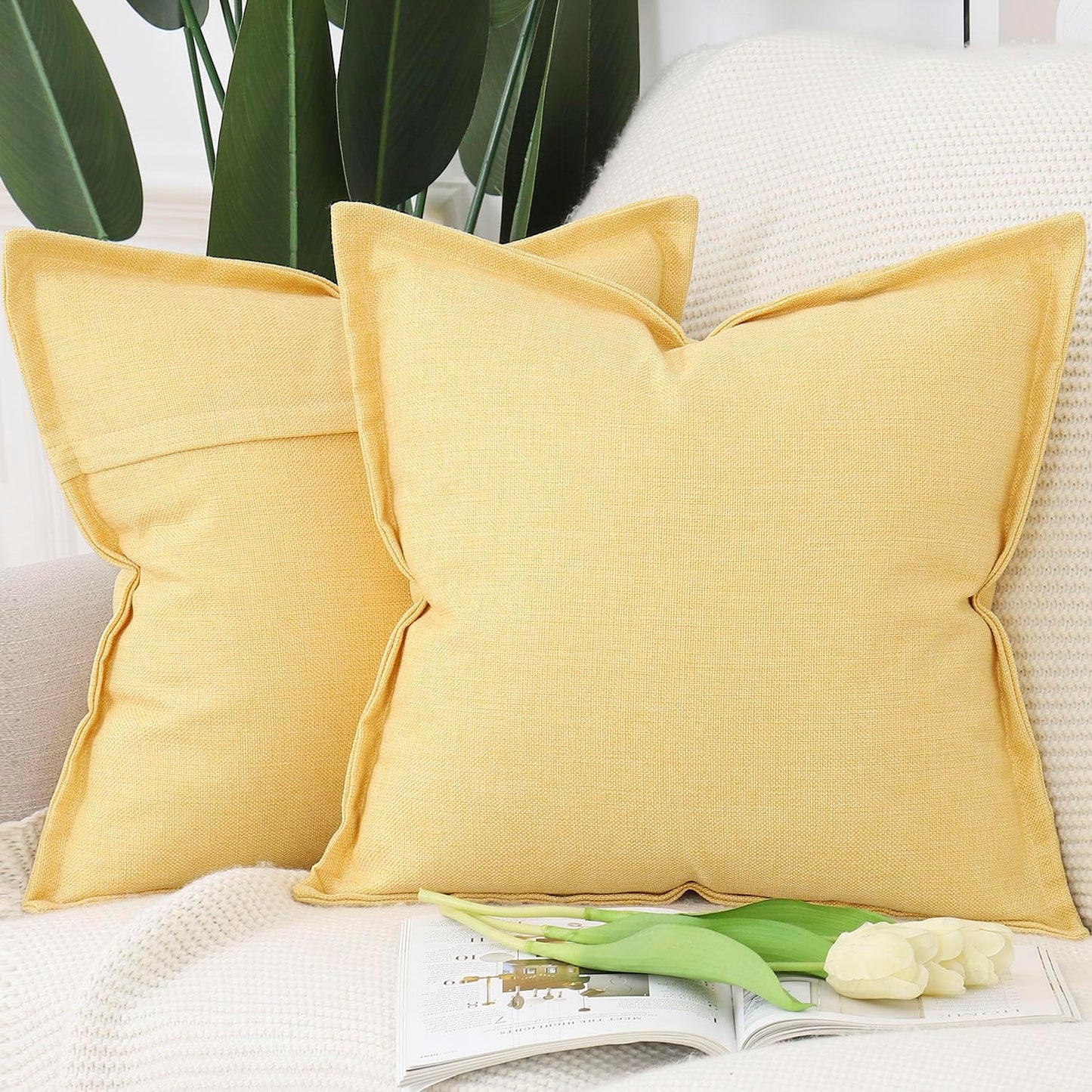 MADIZZ Pack of 2 Faux Rustic Linen Throw Pillow Covers with Flange Edge Soft Boho Natural Decorative Pillowcases for Sofa Living Room Modern Throw Pillows for Bed 16x16 Inch Yellow