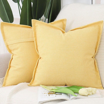 MADIZZ Pack of 2 Faux Rustic Linen Throw Pillow Covers with Flange Edge Soft Boho Natural Decorative Pillowcases for Sofa Living Room Modern Throw Pillows for Bed 16x16 Inch Yellow